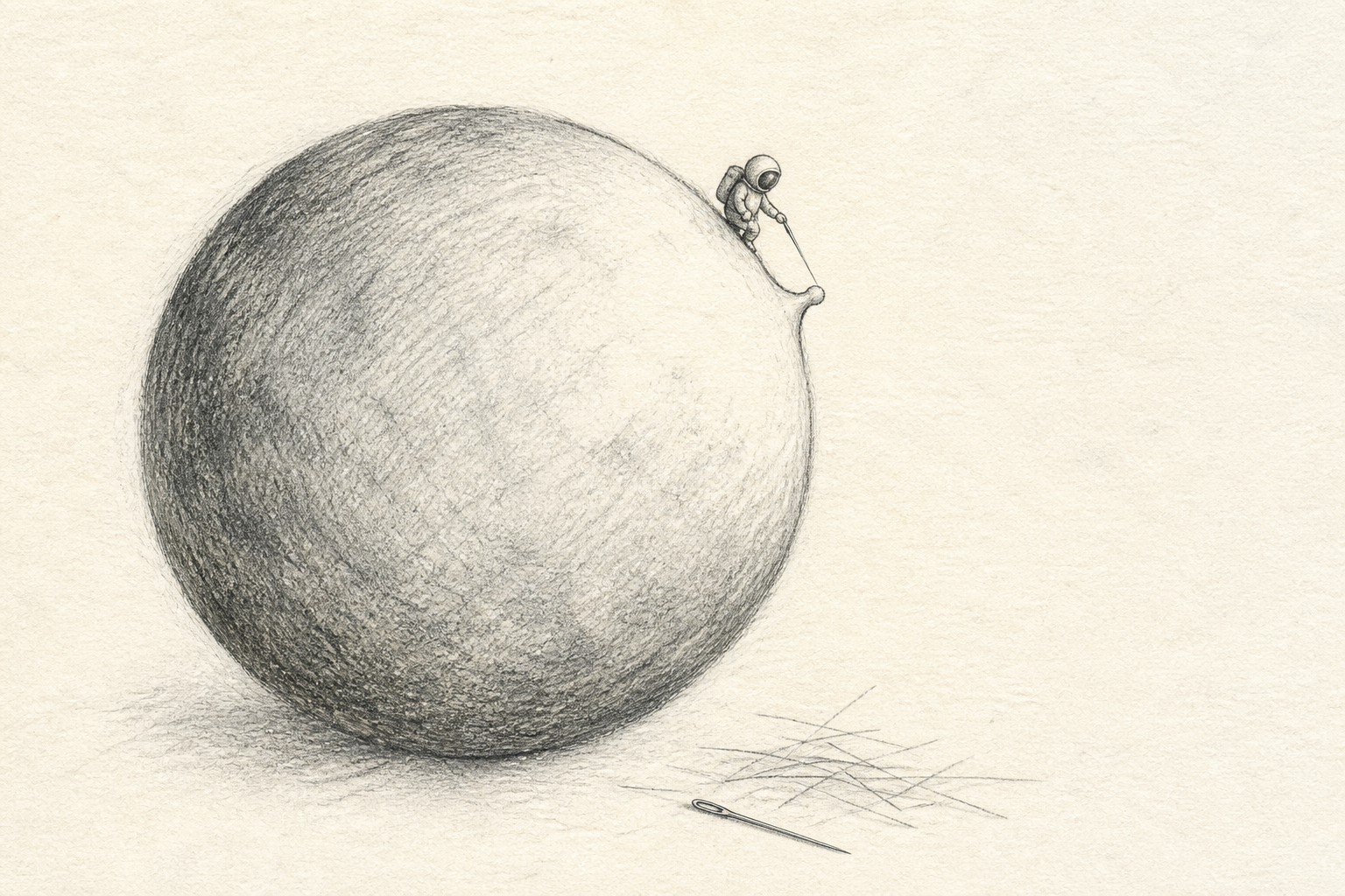 A tiny explorer taps the edge of a large charcoal circle with a needle.